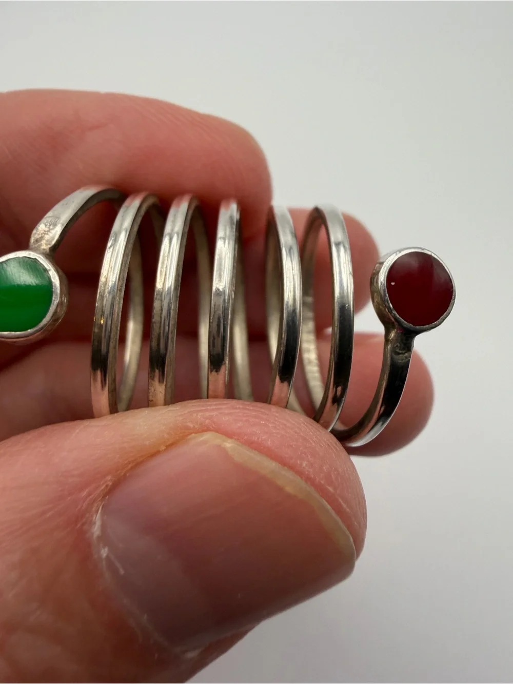Sterling Silver Spiral Wrap Ring w/ Green and Red Enamel Cabochons Size 6 - 6.5g